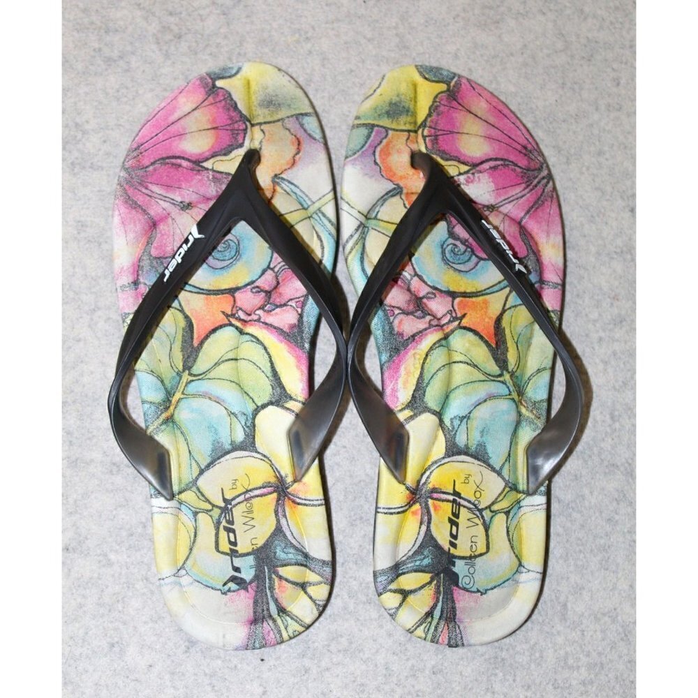 Rider Smoothie Sandals Floral Collen Wilcox Women's Black Flip Flops Size 10 US